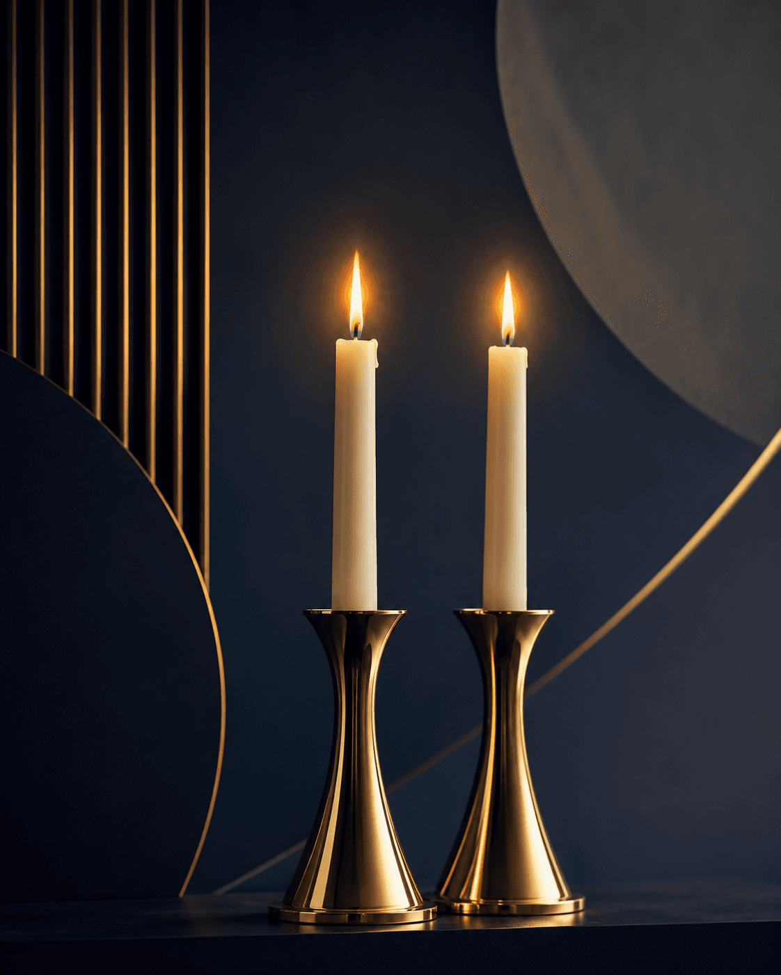 Two glowing Shabbat candles in gold holders